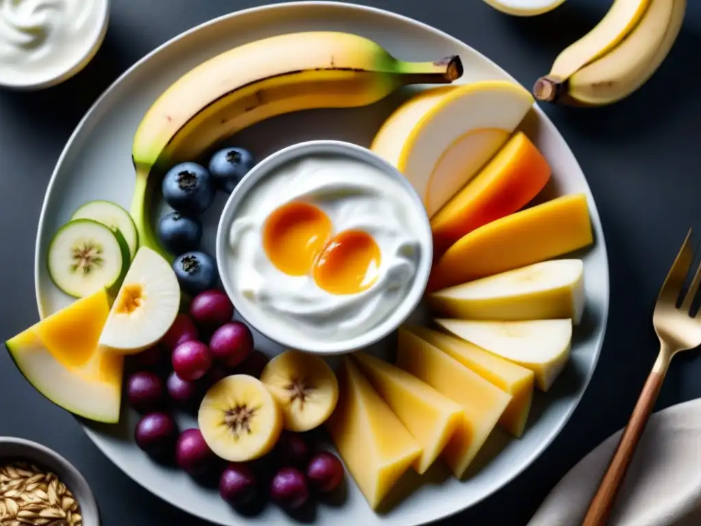 Una composición vibrante de alimentos prebióticos y probióticos en un plato blanco moderno, sobre fondo negro mate