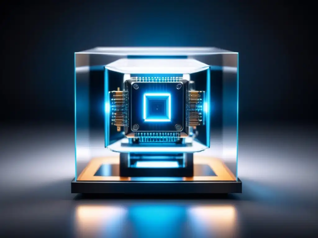 Computación cuántica impacto futuro: Ordenador cuántico futurista con circuitos y bits azules brillantes en cubo transparente contra fondo negro