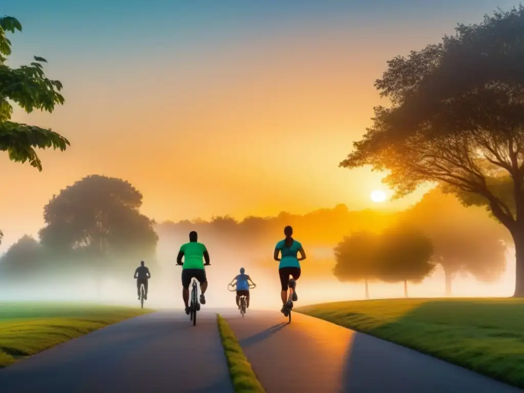 Una comunidad diversa se ejercita al atardecer en un parque urbano verde, promoviendo la salud