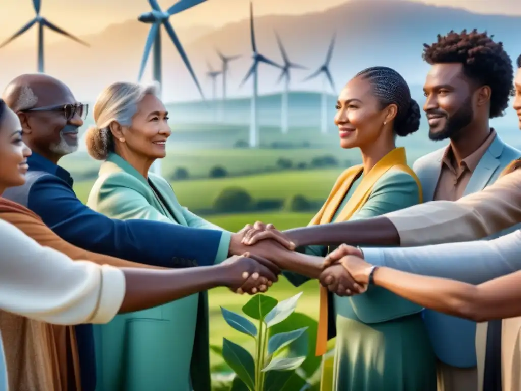 Comunidad unida mirando al horizonte brillante en un paisaje verde con energías renovables
