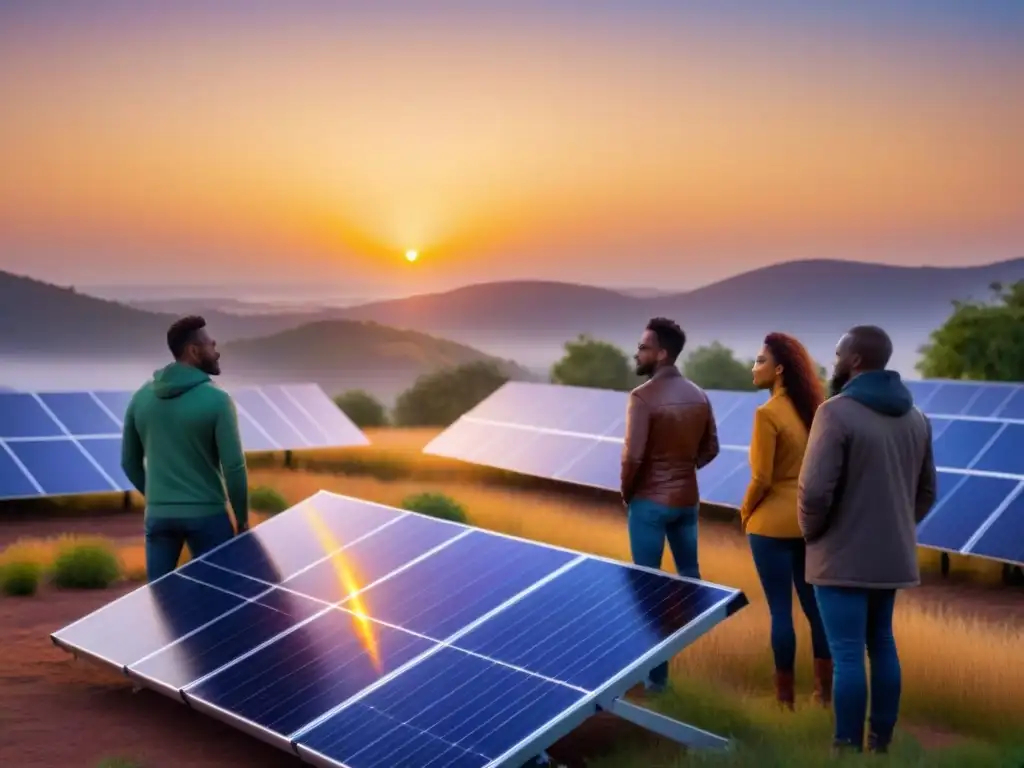 Comunidad unida abrazando proyectos de energía renovable comunitarios al atardecer