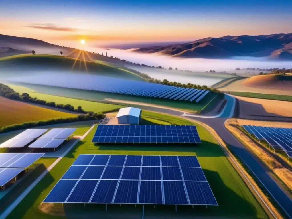 Microredes transformando comunidades sostenibles: Detallada microred en Stone Edge Farm, California, con paneles solares, turbinas eólicas y baterías integradas en paisaje al atardecer