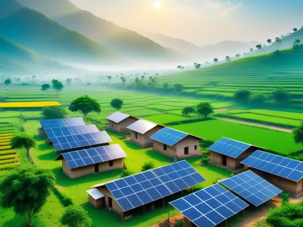 Microredes transformando comunidades sostenibles en Dharnai, India: paisaje verde con paneles solares brillantes y actividades sostenibles
