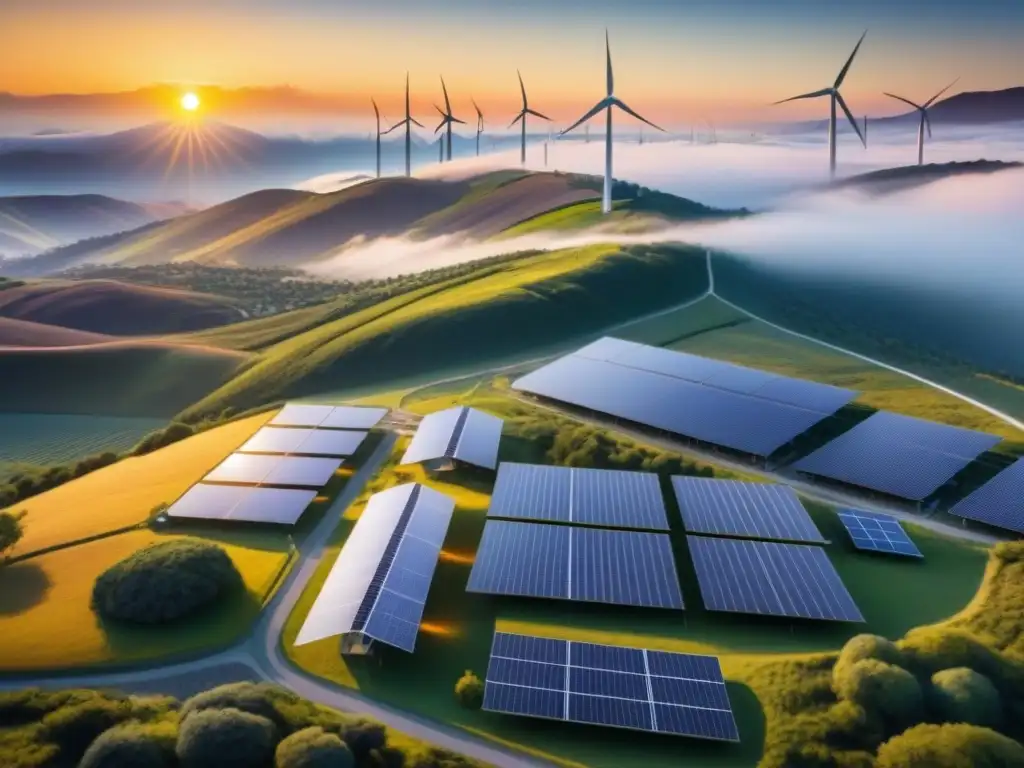 Microredes transformando comunidades sostenibles: Red de microredes en un paisaje sostenible con paneles solares y turbinas eólicas