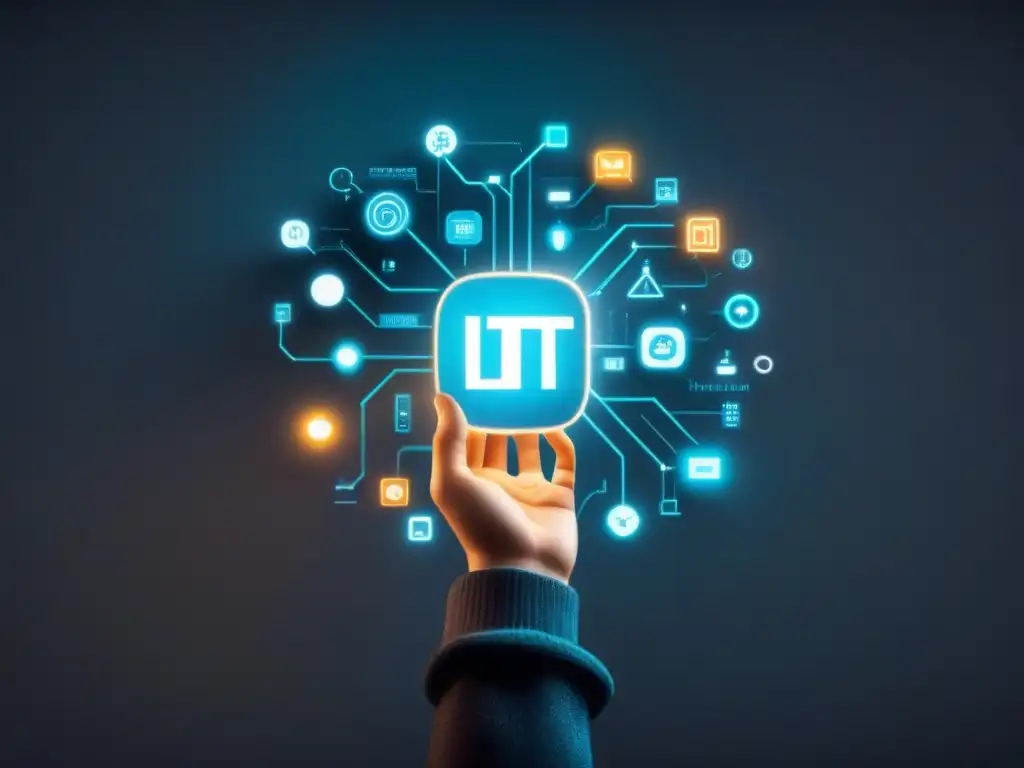 Un conjunto de dispositivos IoT interconectados en una ilustración minimalista, transmitiendo la vulnerabilidad, prácticas ciberseguridad IoT empresa