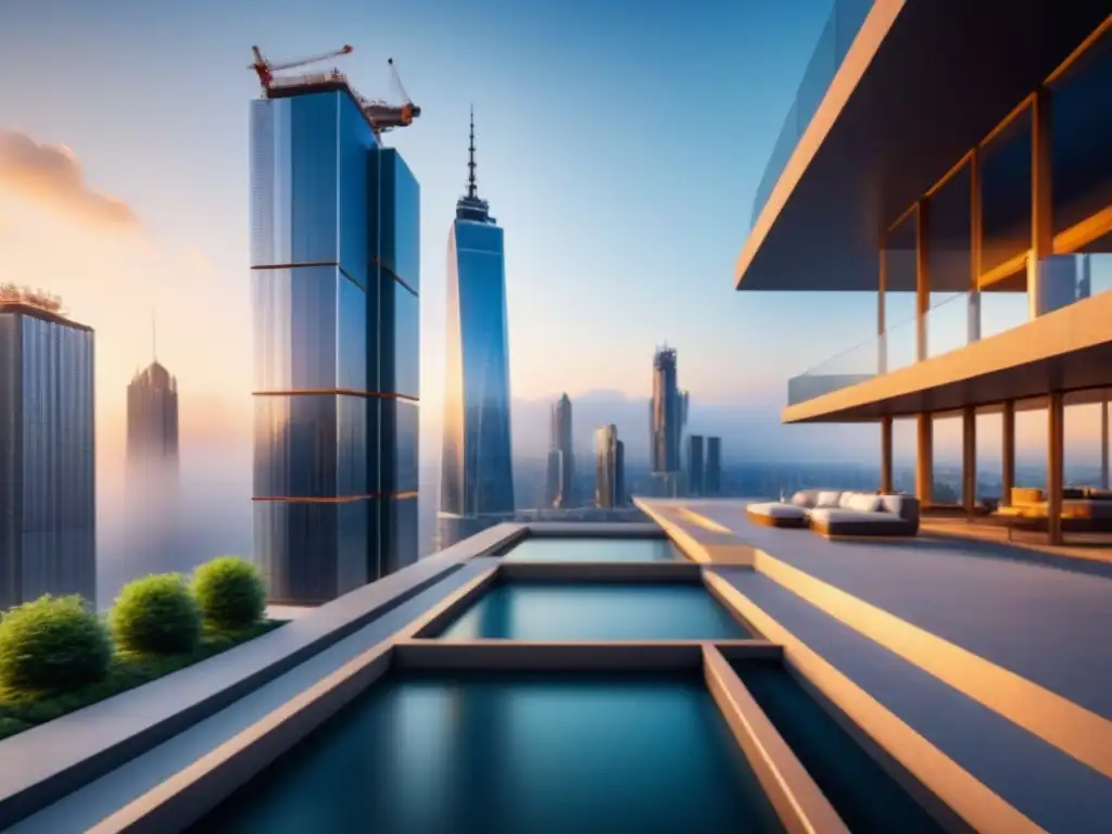 Construcción futurista con nanotecnología en rascacielos Innovación en construcción: nanoreforzados en materiales construcción para un rascacielos moderno en construcción