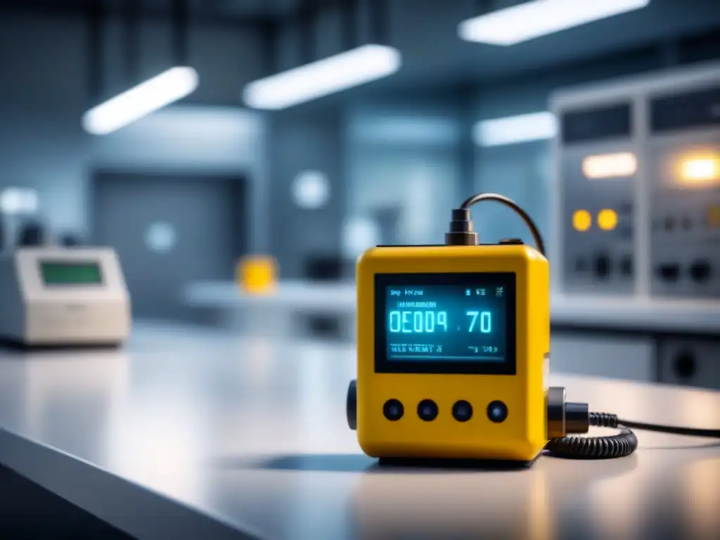 Un contador Geiger moderno sobre mesa de laboratorio blanca