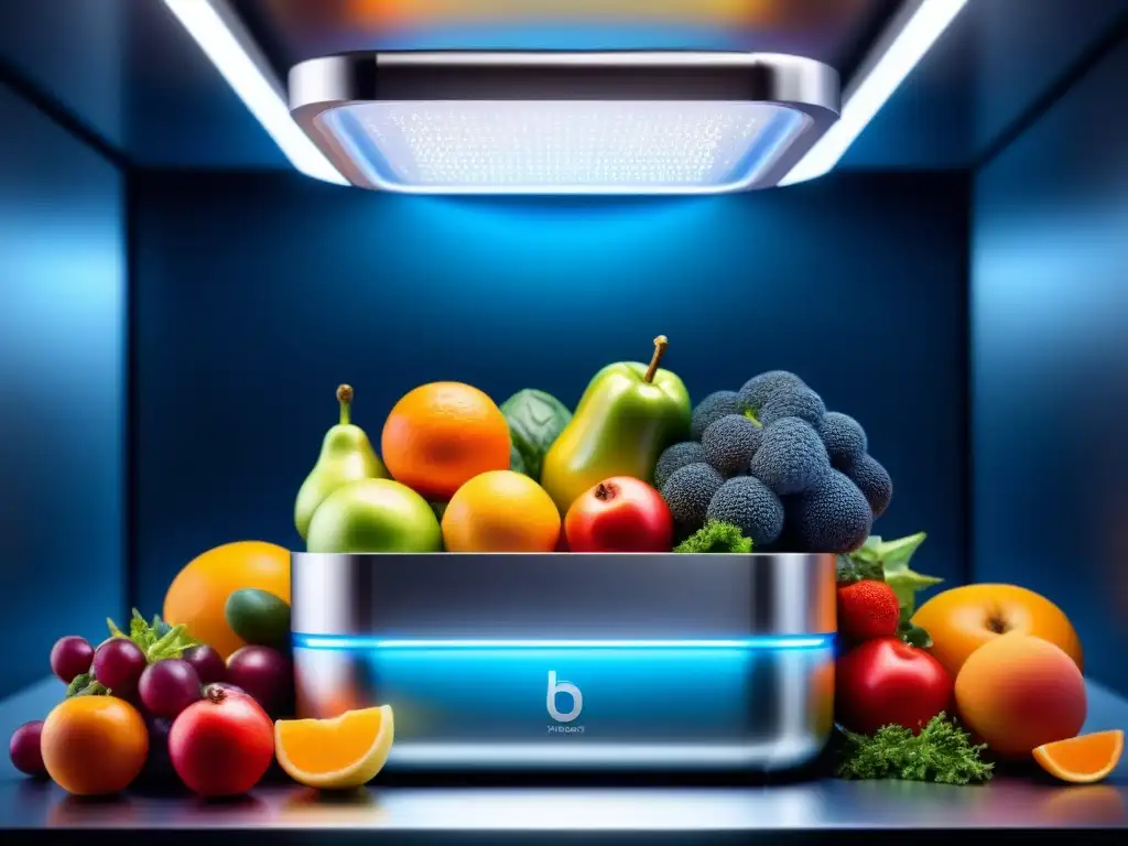 Un contenedor futurista iluminado en azul, lleno de frutas y verduras frescas, rodeado de nanopartículas plateadas en suspensión