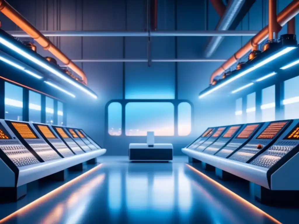 Planta industrial futurista: innovación y eficiencia en 8k Contenido audiovisual para potenciar marca: Imagen futurista de una planta industrial con avanzada tecnología y luz azul suave