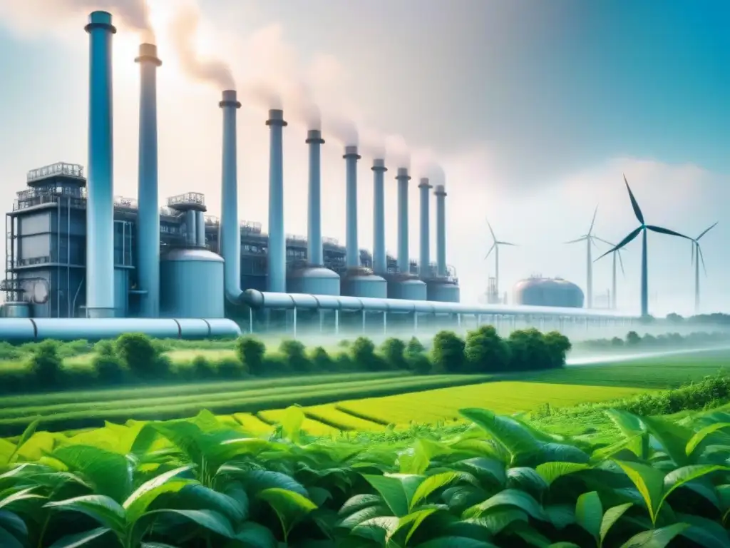 Contraste: planta industrial rodeada de naturaleza y energías renovables