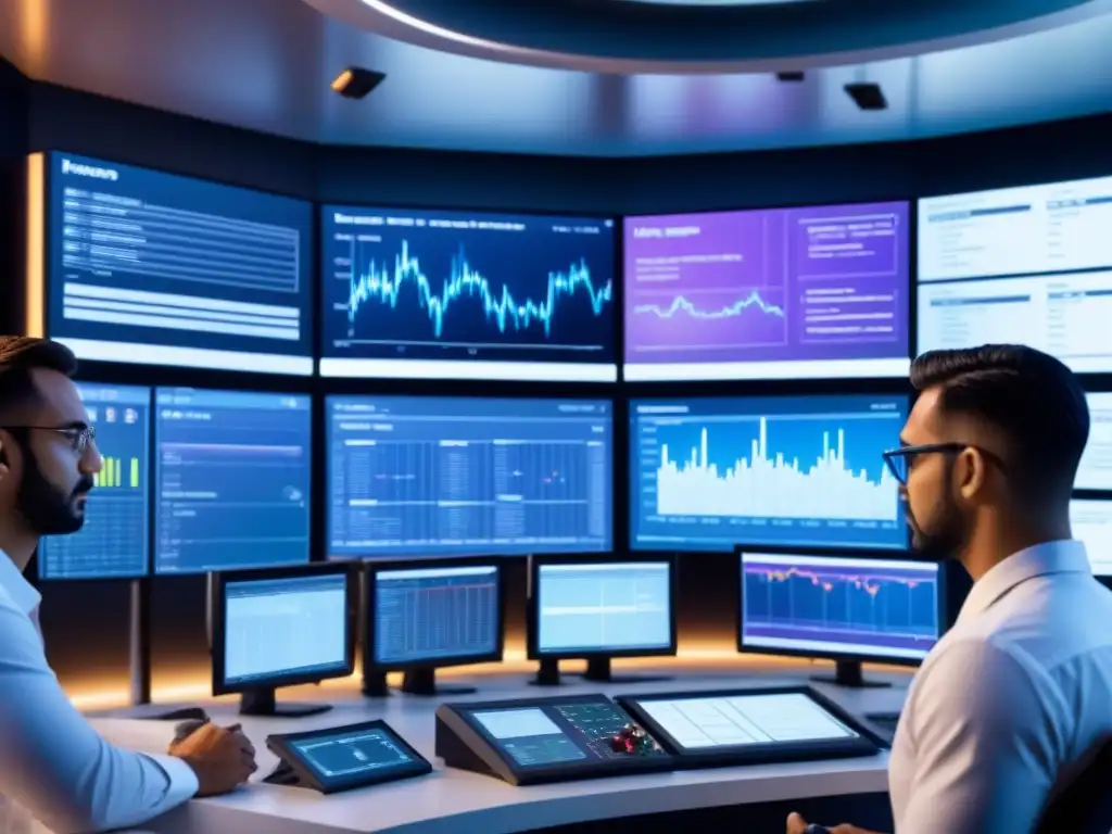 Control room de planta química con avanzados sistemas de inteligencia artificial, ingenieros analizando datos