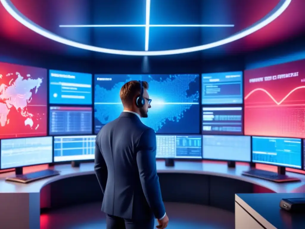 Control room futurista en alta seguridad con tecnología avanzada y análisis de datos en tiempo real, iluminado en azul