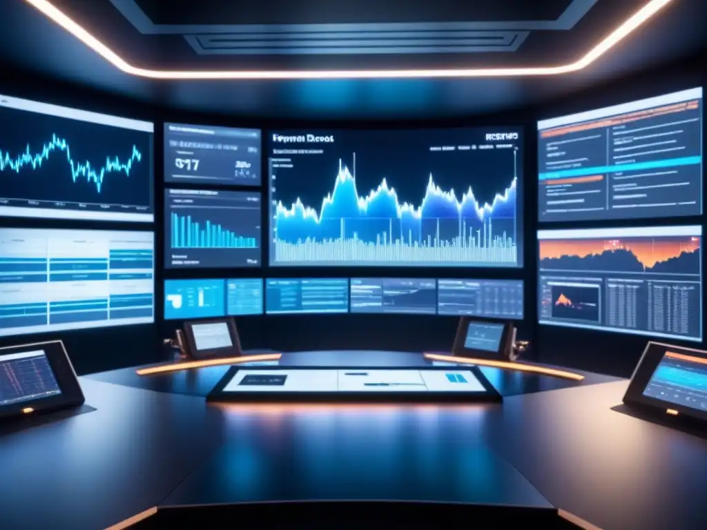 Control room futurista con Big Data análisis riesgos industrias en pantallas grandes, tecnología avanzada y diseño minimalista