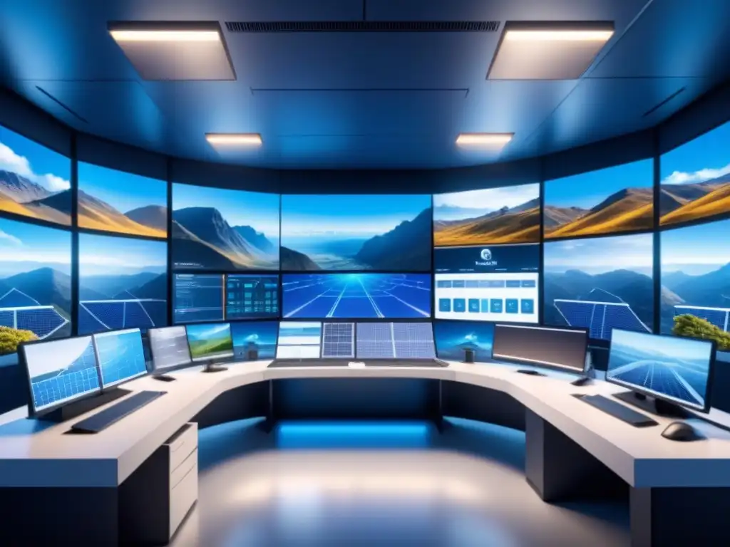 Control room futurista con IA monitorizando datos de energía en microred renovable bajo cielo azul