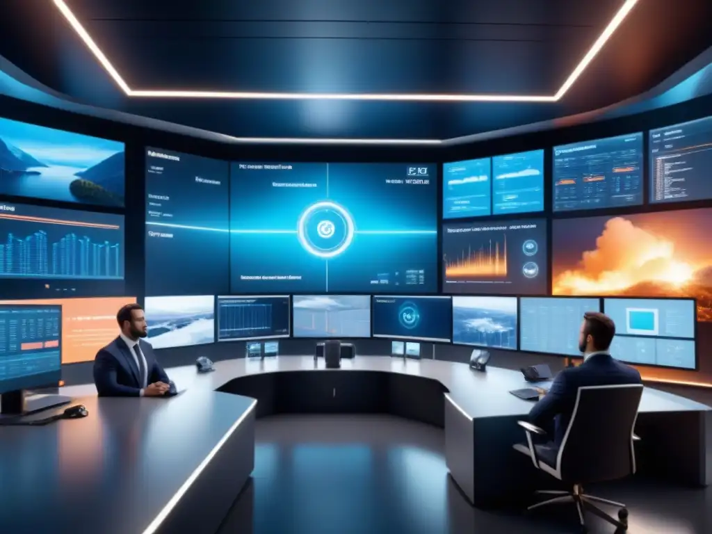 Un control room futurista con monitores mostrando datos en tiempo real sobre emergencias industriales