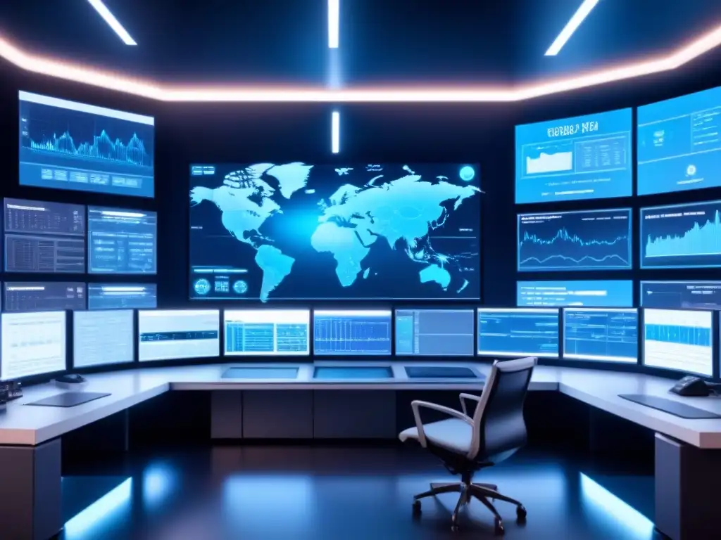 Control room futurista con monitores de datos y sensores, iluminada en azul