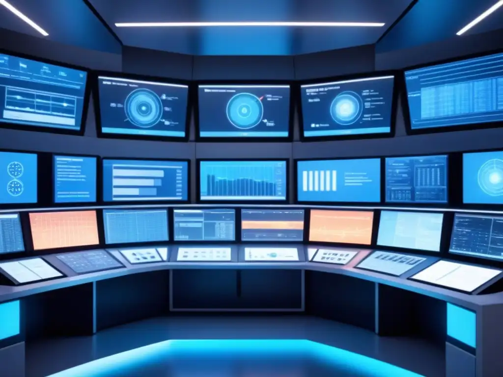 Control room futurista de planta nuclear con IA y equipo de ingenieros analizando datos en monitores con gráficos brillantes en luz azul