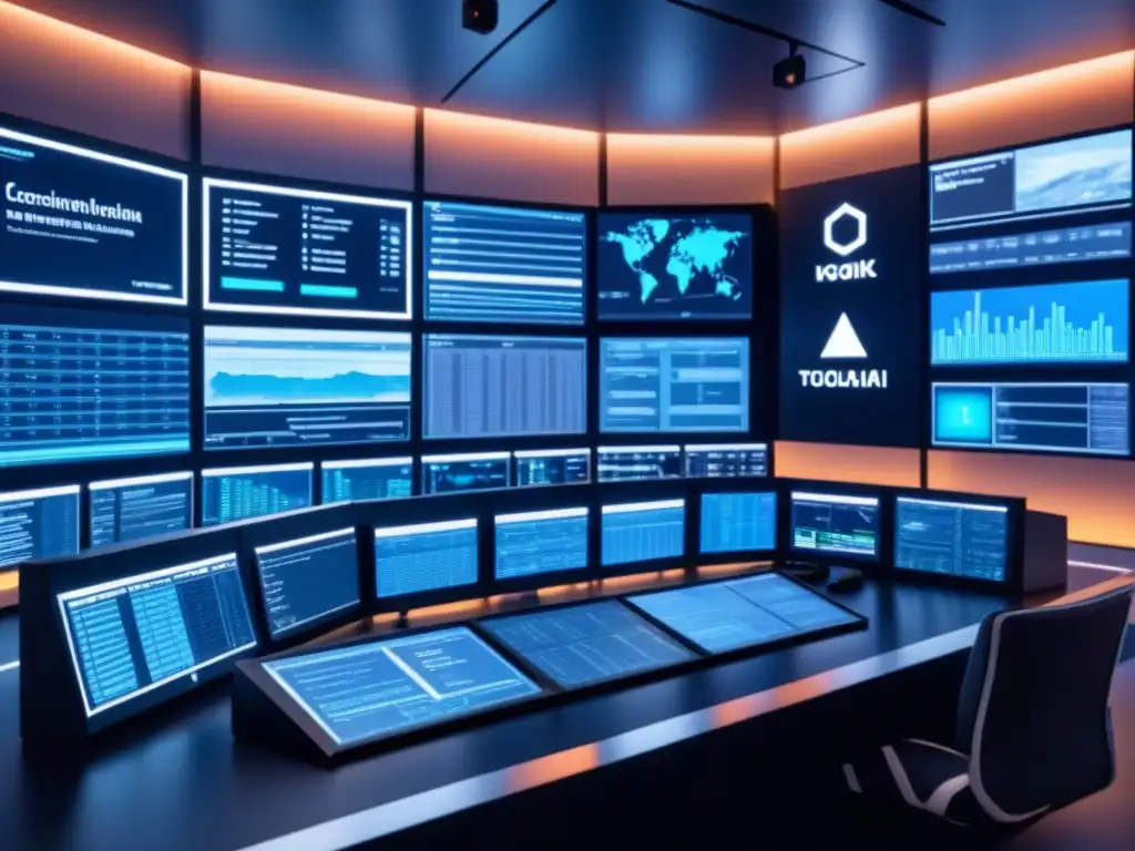 Control room futurista con seguridad blockchain y monitores de análisis de datos en tiempo real, ambiente high-tech