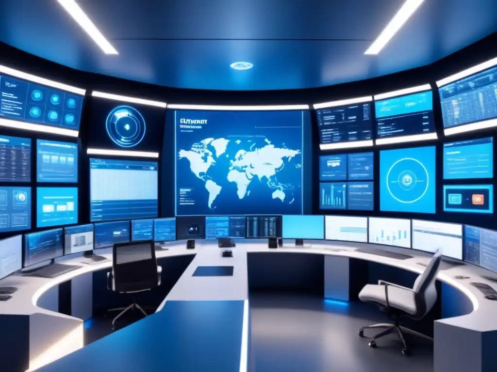 Control room futurista con sensores inteligentes en integración de sistemas, monitores y consola central