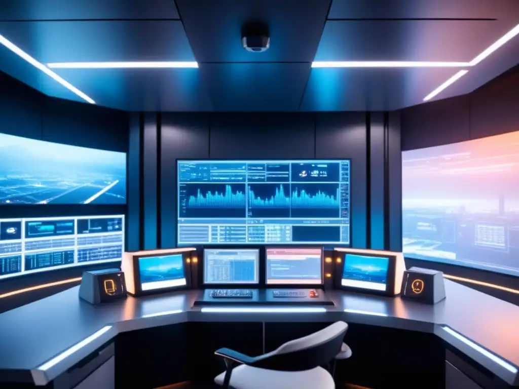 Control room futurista con sistemas avanzados y alertas de seguridad