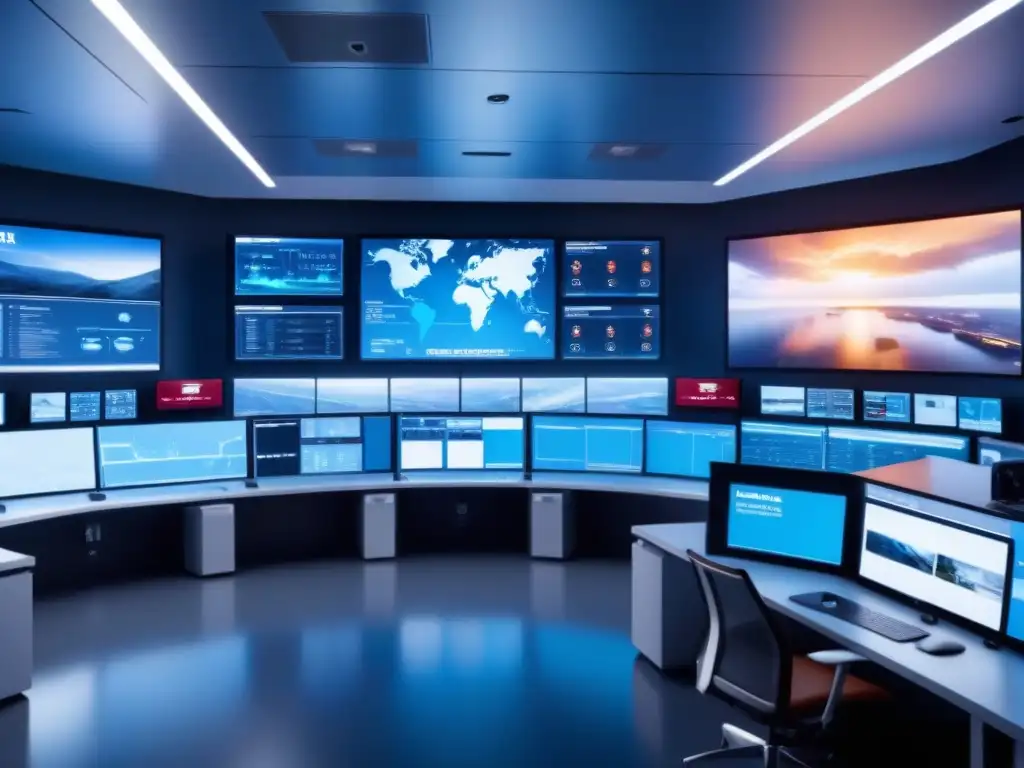 Control room futurista con sistemas de IA mostrando datos de emergencia en tiempo real