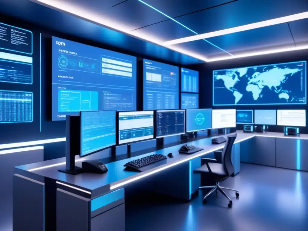 Control room futurista con tecnología avanzada y datos en tiempo real, iluminado en azul