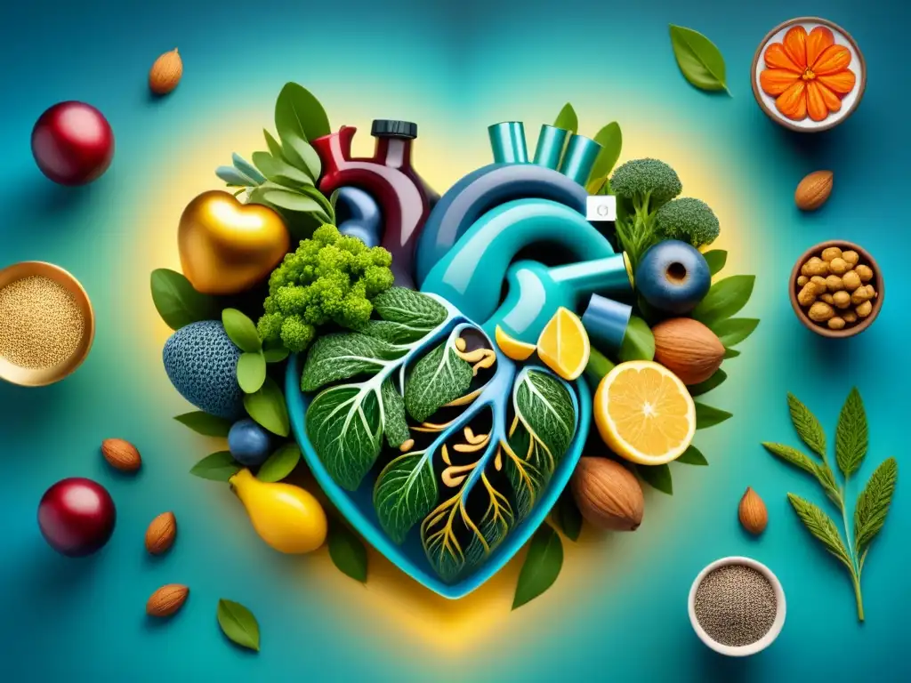 Un corazón abstracto vibrante de patrones detallados rodeado de alimentos ricos en Omega3