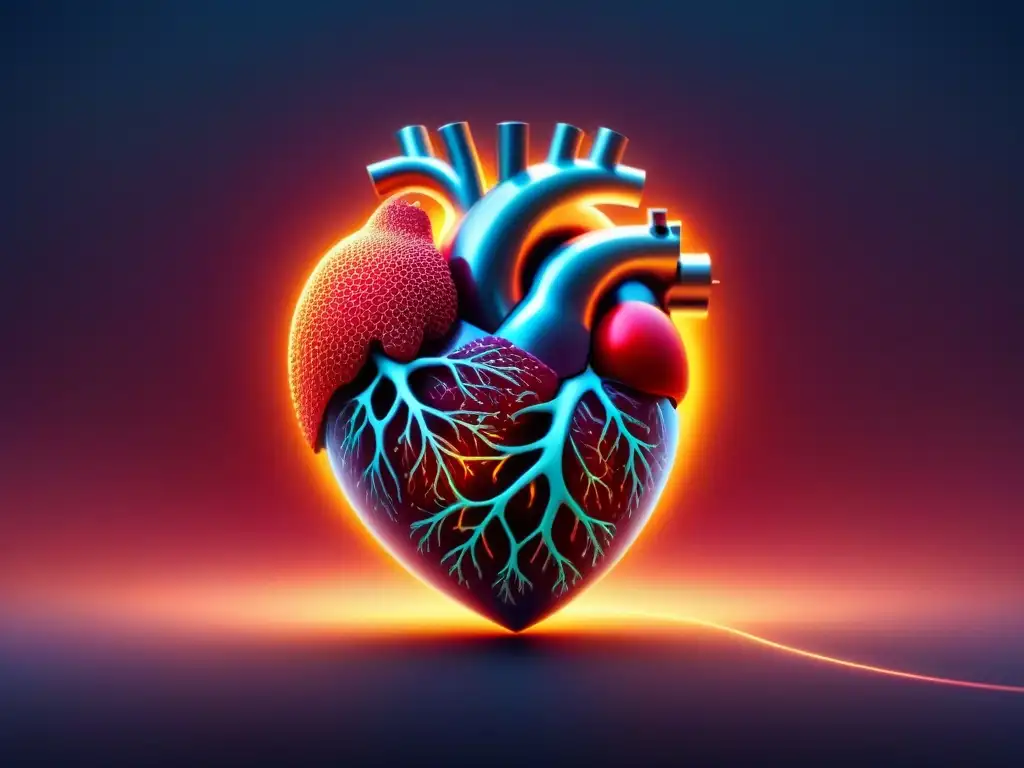 Un corazón futurista hecho de estructuras celulares brillantes e interconectadas, simbolizando avances en terapia celular medicina regenerativa