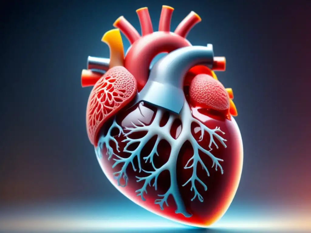 Un corazón humano en 3D siendo impreso capa por capa con bioimpresión de órganos sostenible, destacando la innovación científica