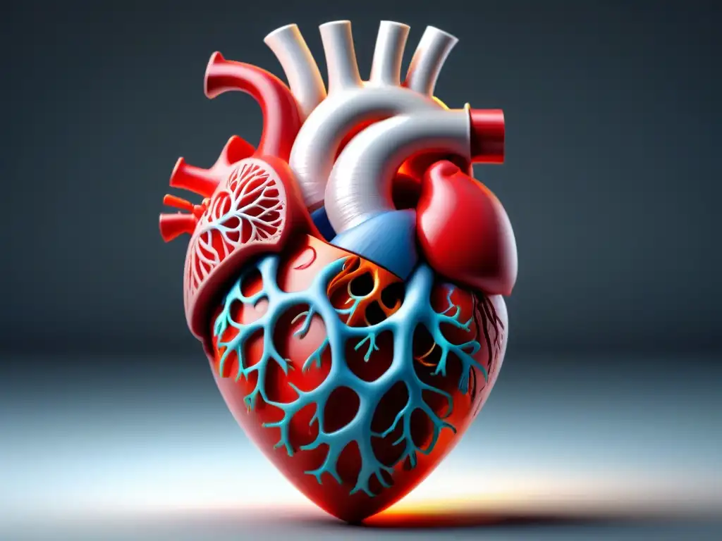 Un corazón humano impreso en 3D con detalle y precisión, destacando la reducción de costos con impresión 3D en el sector sanitario