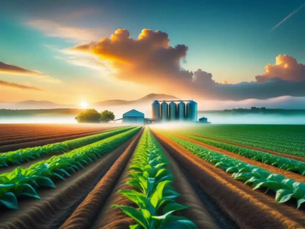 Cosecha futurista de cultivos genéticamente modificados en paisaje agrícola avanzado