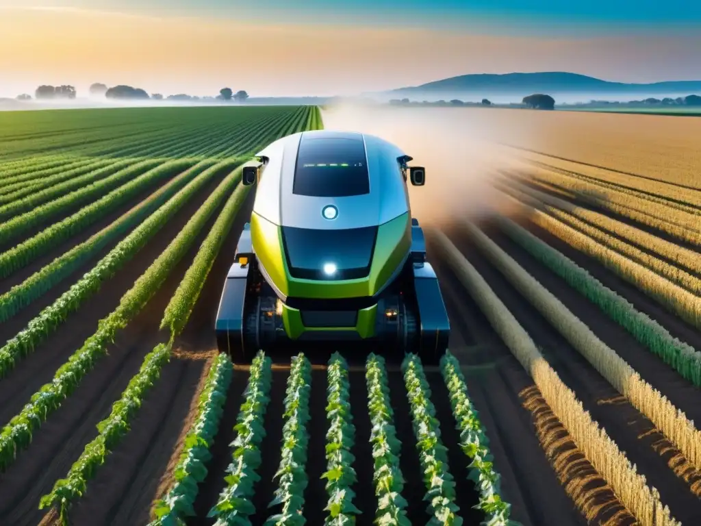 Cosecha robótica en agricultura sostenible: Robot cosechador en un campo verde, bajo un cielo azul y sol dorado atardeciendo