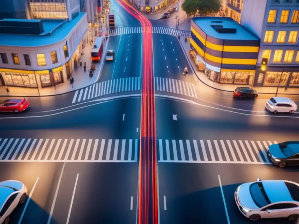 Un cruce de ciudad bullicioso capturado desde arriba, destacando la eficiencia de los Sistemas de transporte inteligentes en tiempo real