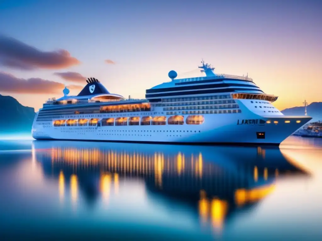 Un crucero moderno navegando en aguas cristalinas al atardecer, con sistemas avanzados de tratamiento de aguas residuales integrados en su diseño