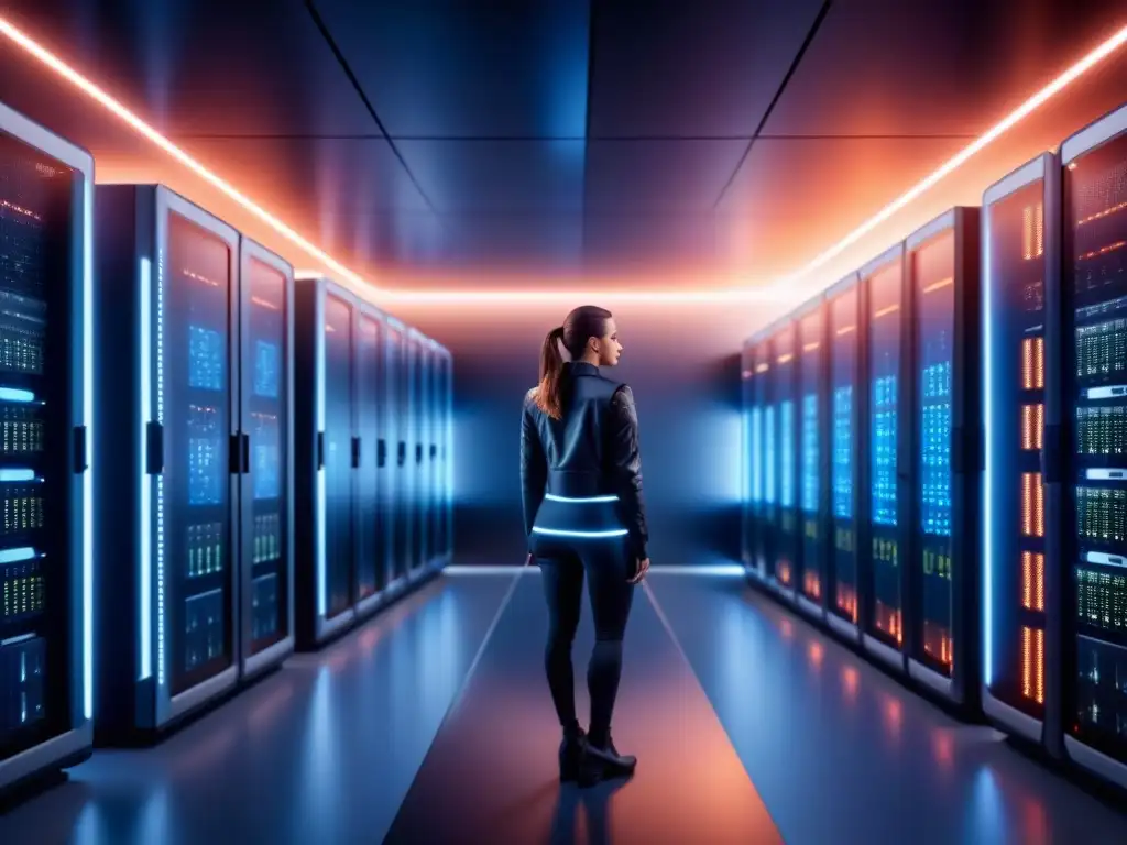 Un cuarto de supercomputación moderno y elegante en 8k, con clusters de alto rendimiento y tecnología punta