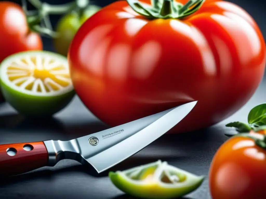 Un cuchillo cerámico moderno cortando un tomate rojo, destacando las aplicaciones cerámicas avanzadas en la vida cotidiana