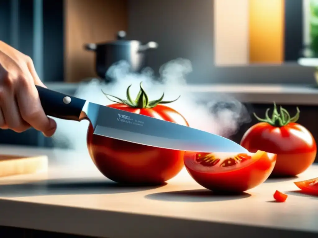 Un cuchillo cerámico cortando un tomate rojo, mostrando la precisión y durabilidad de las aplicaciones cerámicas avanzadas en la vida cotidiana