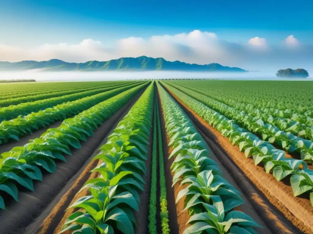 Plantación de cultivos genéticamente modificados bajo cielo azul, reflejando innovación en agricultura