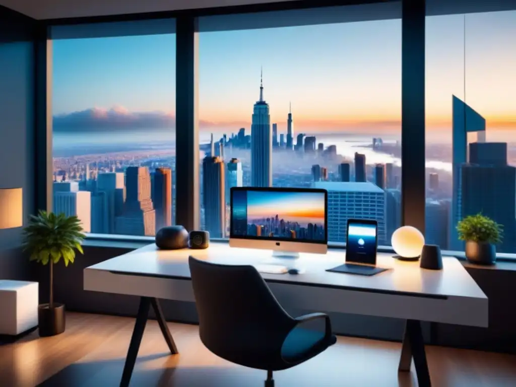 Oficina moderna con vista urbana y tecnología de vanguardia Innovación en cultura corporativa: Espacio de oficina moderno con tecnología y elegancia, vista panorámica de la ciudad