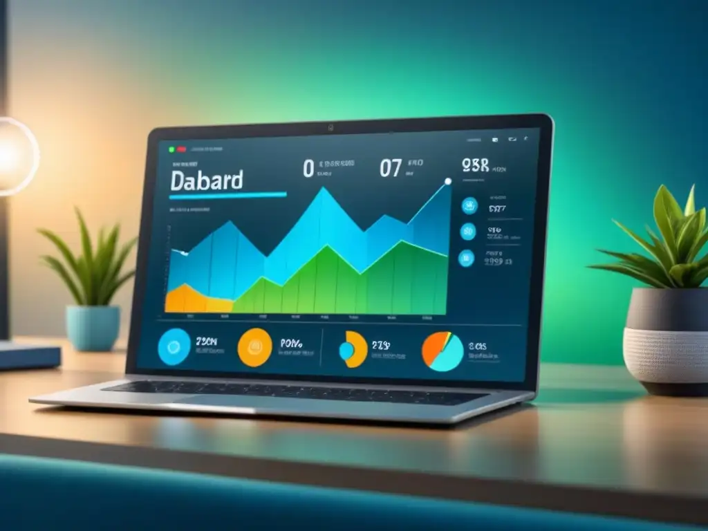Un dashboard digital con métricas SEO, gráficos y rankings de palabras clave