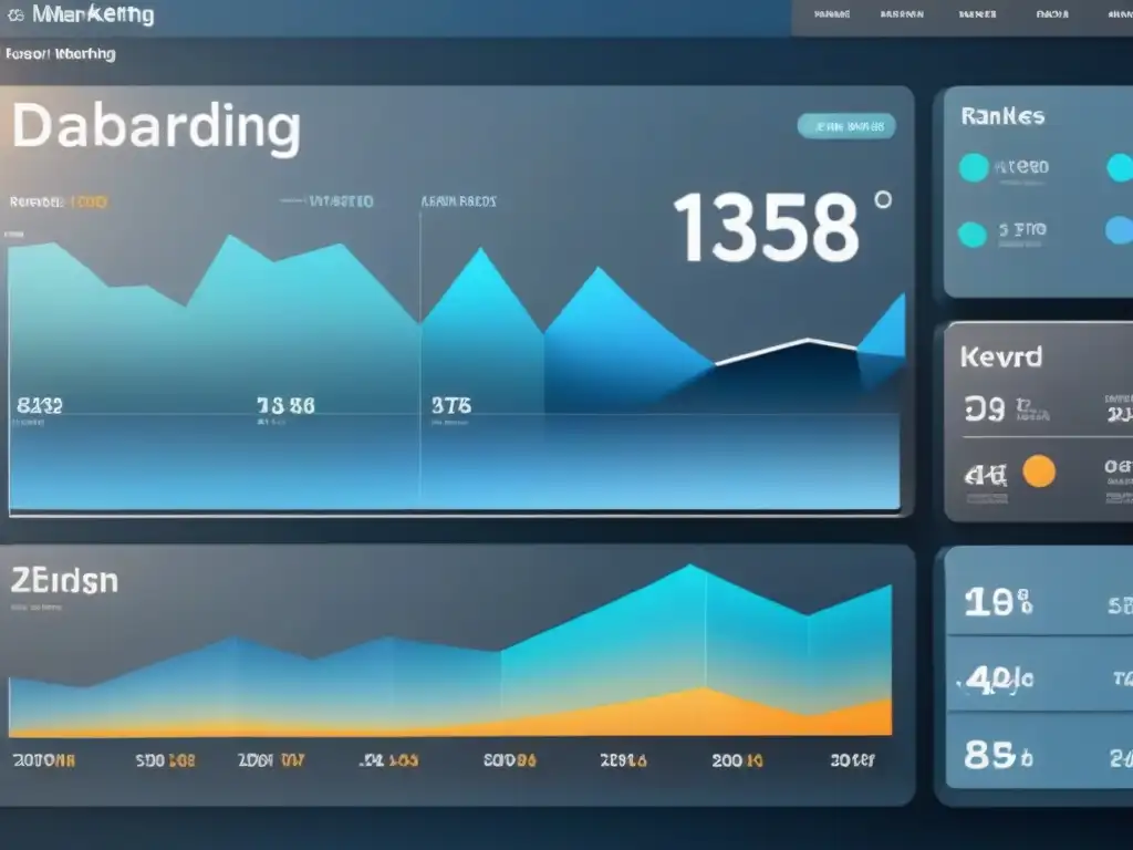 Un dashboard de marketing digital industrial con métricas clave y gráficos profesionales en tonos azules y grises