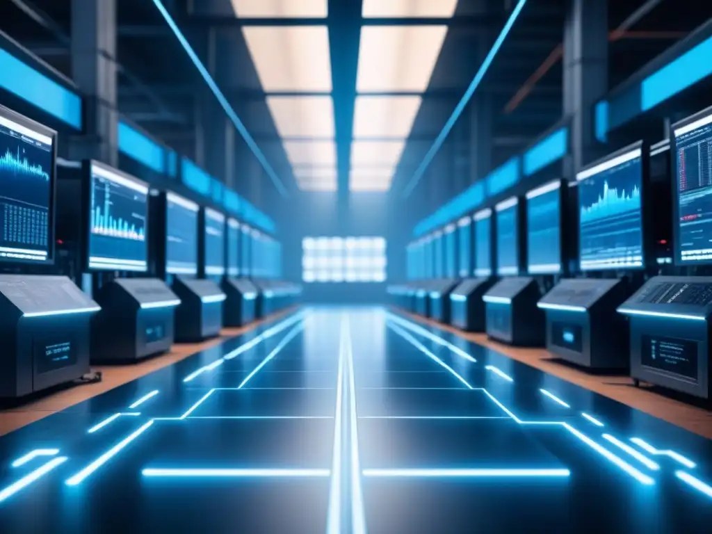 Visualización de datos en industrias: Gráficos y diagramas flotan sobre una planta industrial futurista en tonos azules y metálicos