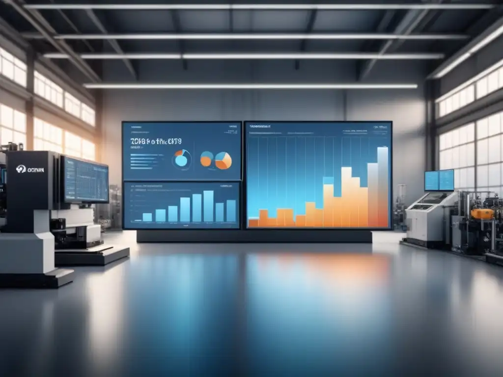 Visualización de datos en industrias: Ilustración minimalista de una fábrica con gráficos superpuestos en maquinaria y líneas de producción