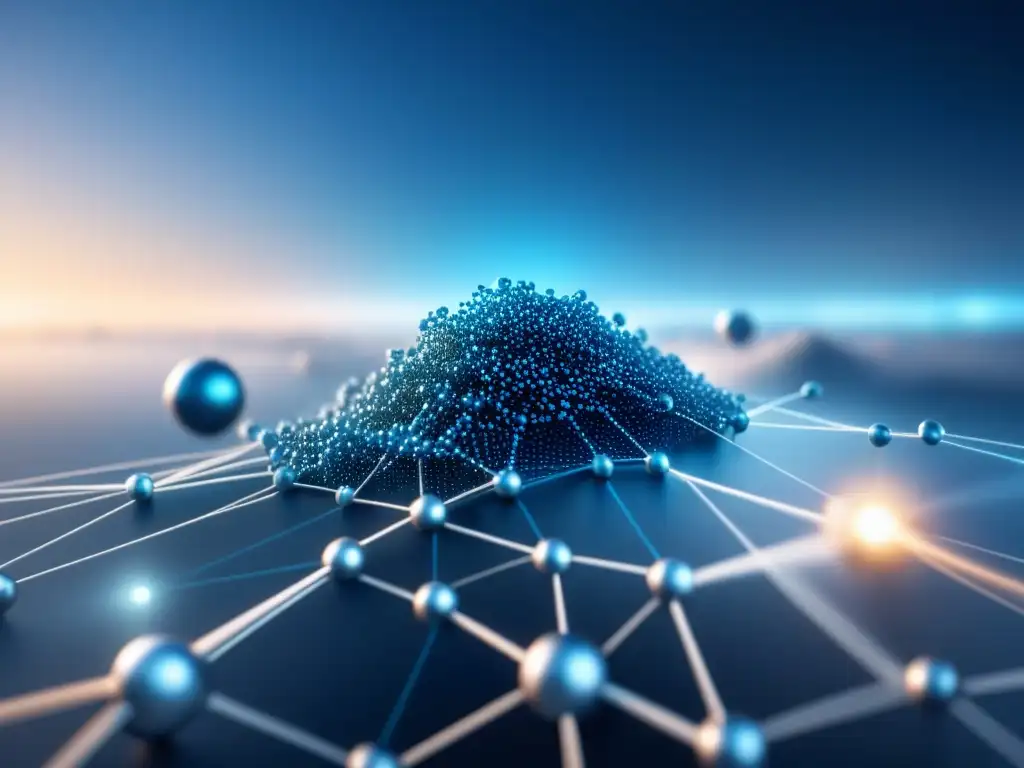 Visualización de datos para industrias: Red de datos interconectados en tonos azules y plateados, pulsando con información y potencial innovador