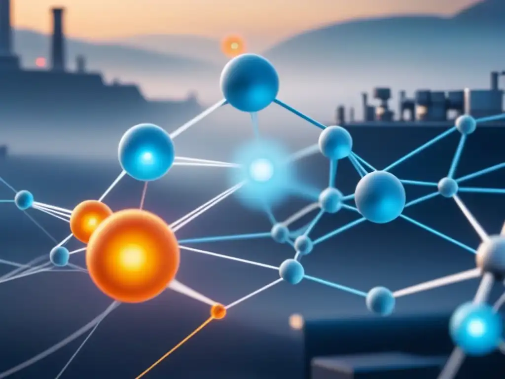 Visualización de datos en riesgos industriales con nodos interconectados en tonos azules y grises en entorno industrial