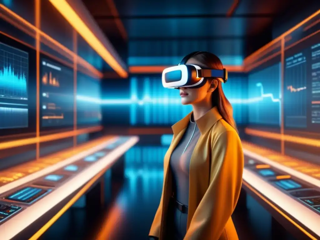 Visualización de datos en tiempo real en un entorno industrial futurista con redes luminosas y gráficos virtuales