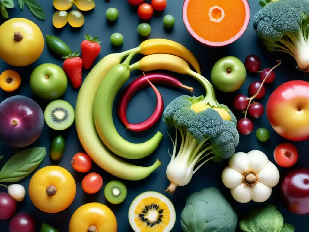 Delicada representación de frutas y verduras en un vaso de vidrio transparente, destacando los beneficios prebióticos en la industria alimentaria