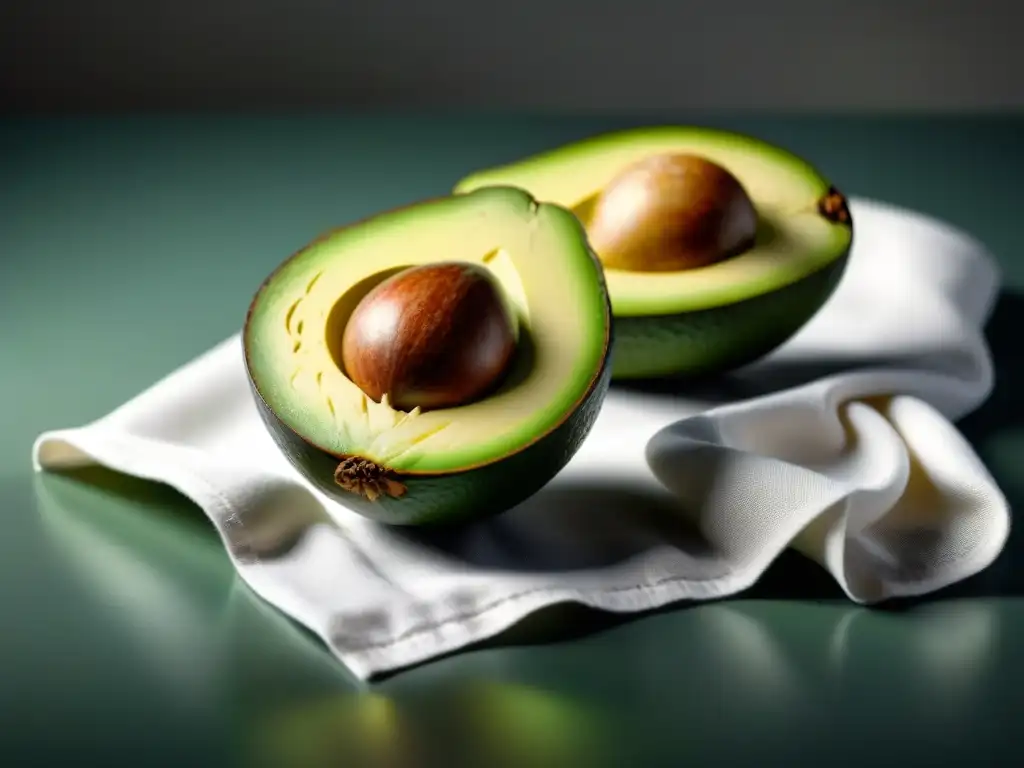 Delicioso aguacate maduro en mitades: frescura y textura cremosa Delicioso aguacate maduro cortado en dos, con su vibrante color verde y textura cremosa, sobre fondo blanco