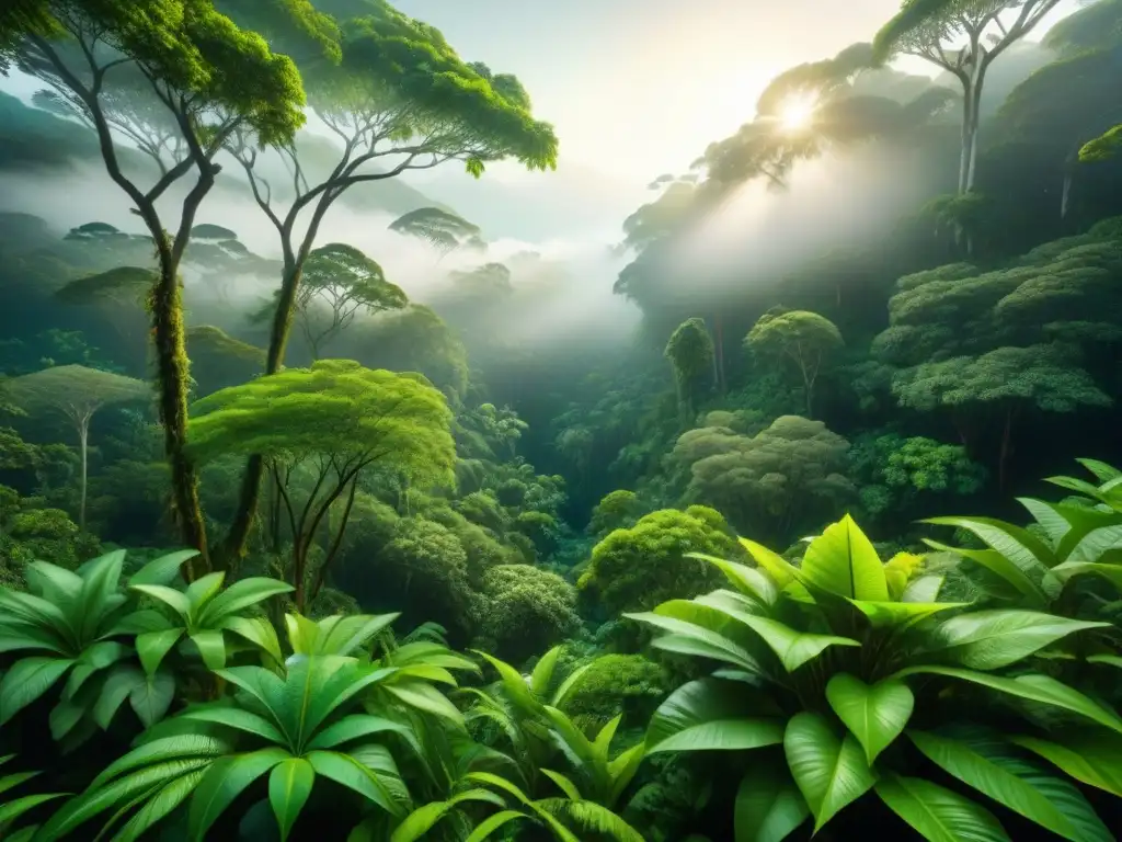 Un denso dosel de selva tropical visto desde arriba, con luz filtrándose entre las hojas