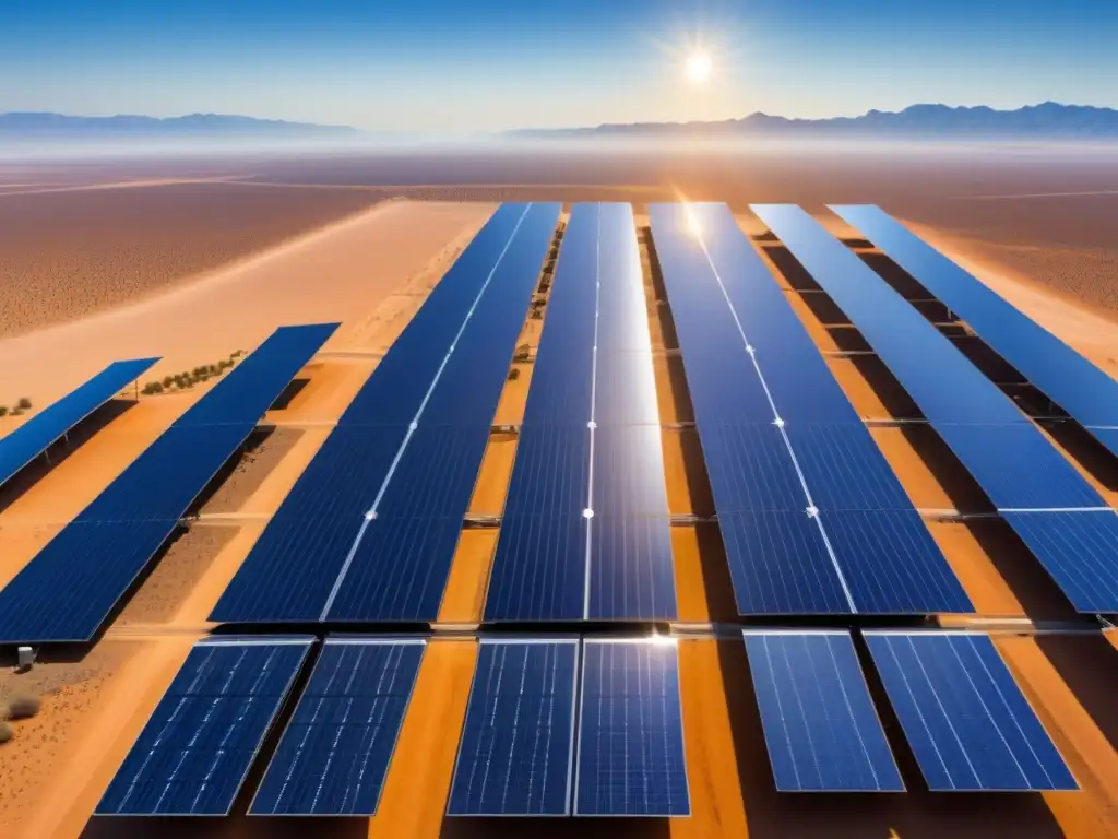 Desafíos regulación proyectos energía renovable: un campo solar en el desierto, eficiente y sostenible bajo el sol brillante y cielo azul